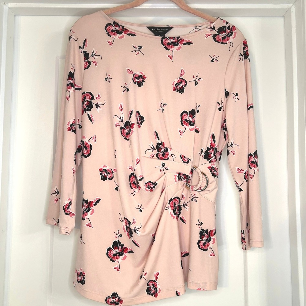 Liz Claiborne Career Pink Floral‎ Ruched O-Ring 3/4 Sleeve Top Medium Office
